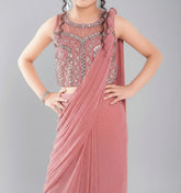 Onion Pink Ready to Wear Kids Saree with Embellished Blouse (2–3 Years) - My Store